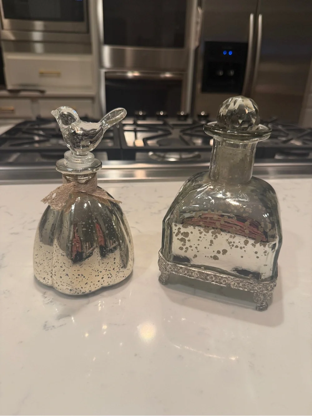 Mercury Glass Decorative Bottles Bird & Crystal Stoppers Cottage Decor